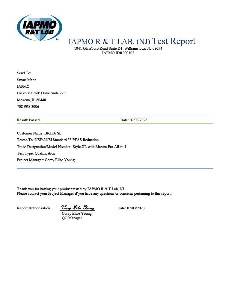 Test report from Iapmo for BRITA Style XL and MAXTRA PRO filtration 
