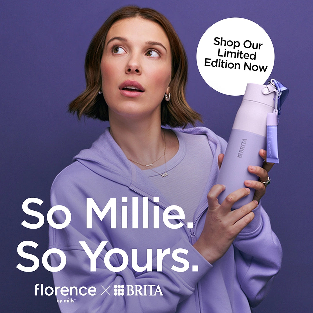 Millie Bobby Brown is holding the florence by mills x BRITA LARQ bottle on purple background with "So Millie. So Yours." signature.