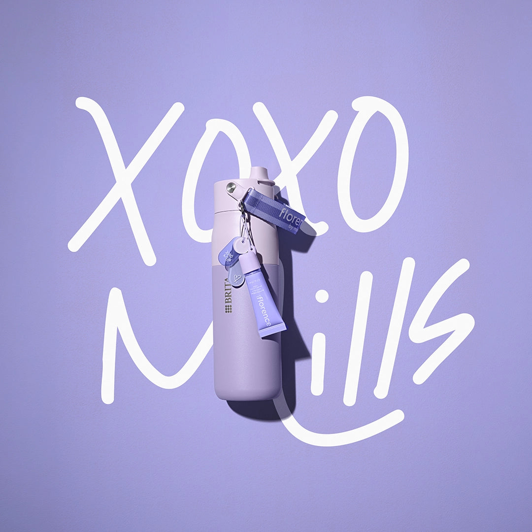 florence by mills x BRITA LARQ bottle on purple background with "XOXO Mills" signature.