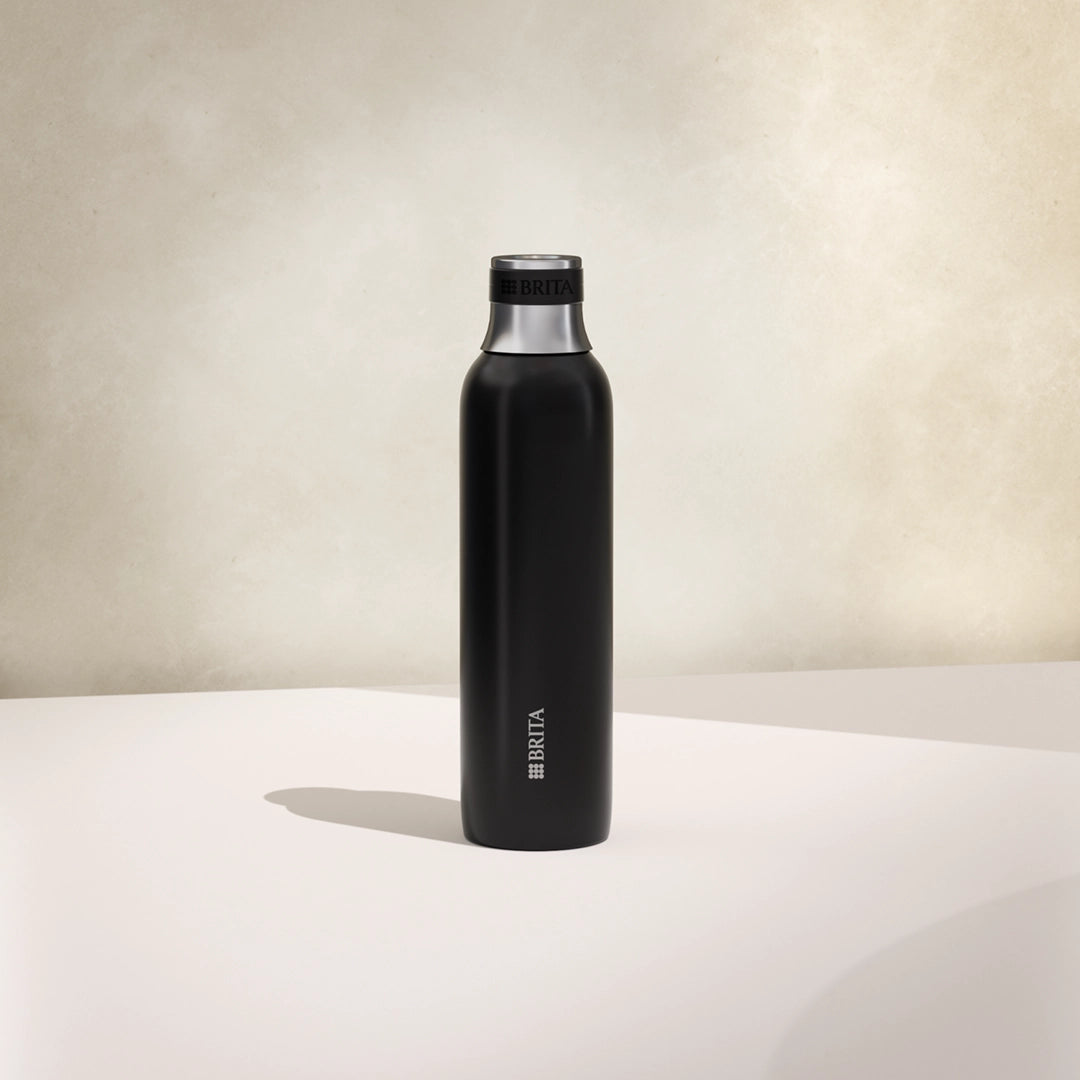 One small black BRITA sodaTRIO stainless steel bottle